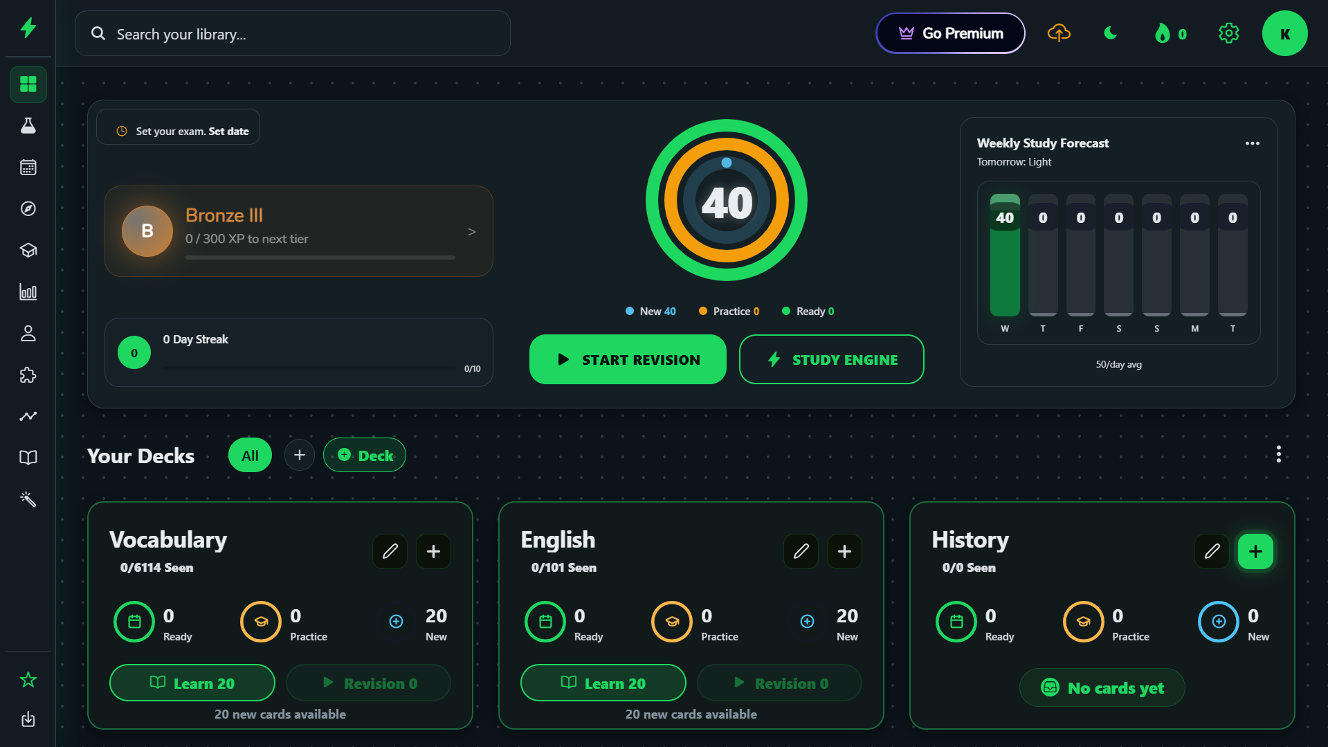Rankri dashboard showing today's questions, topic progress, league status and weekly study forecast