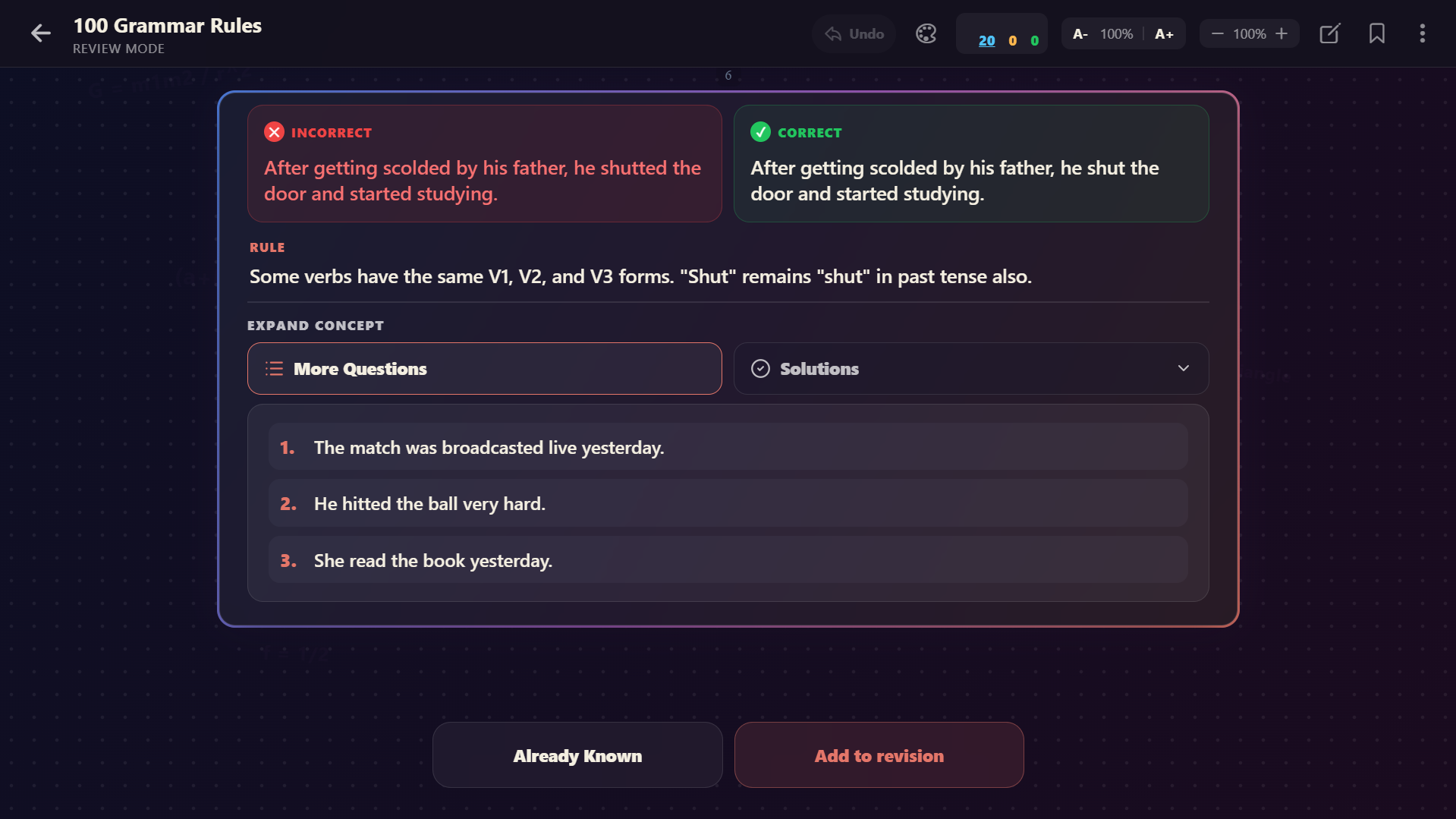 Rankri Grammar screen showing incorrect and corrected sentences, the rule and additional practice questions
