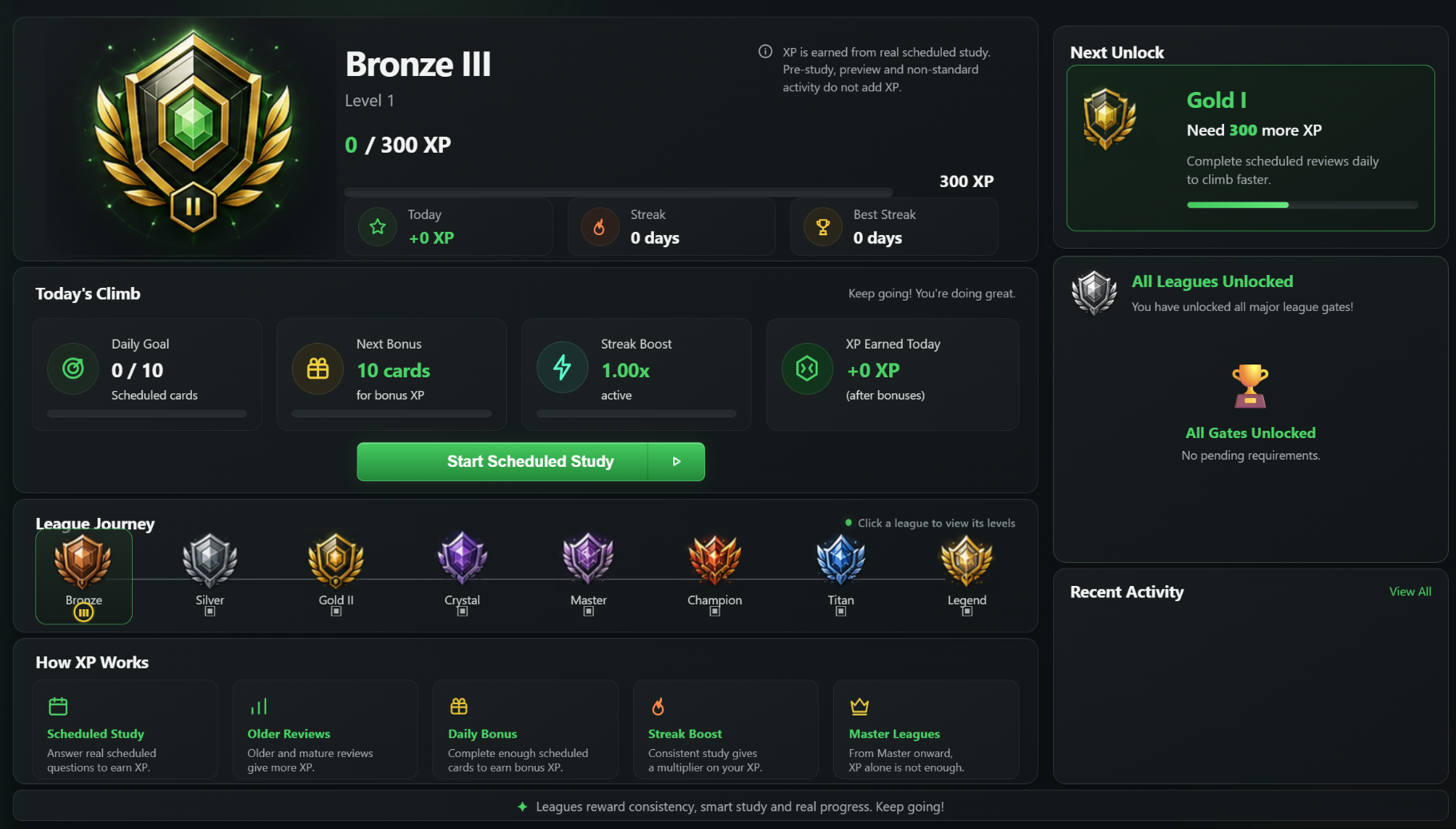 Rankri League page showing Bronze level, daily goal, streak boost, XP, league journey and requirements