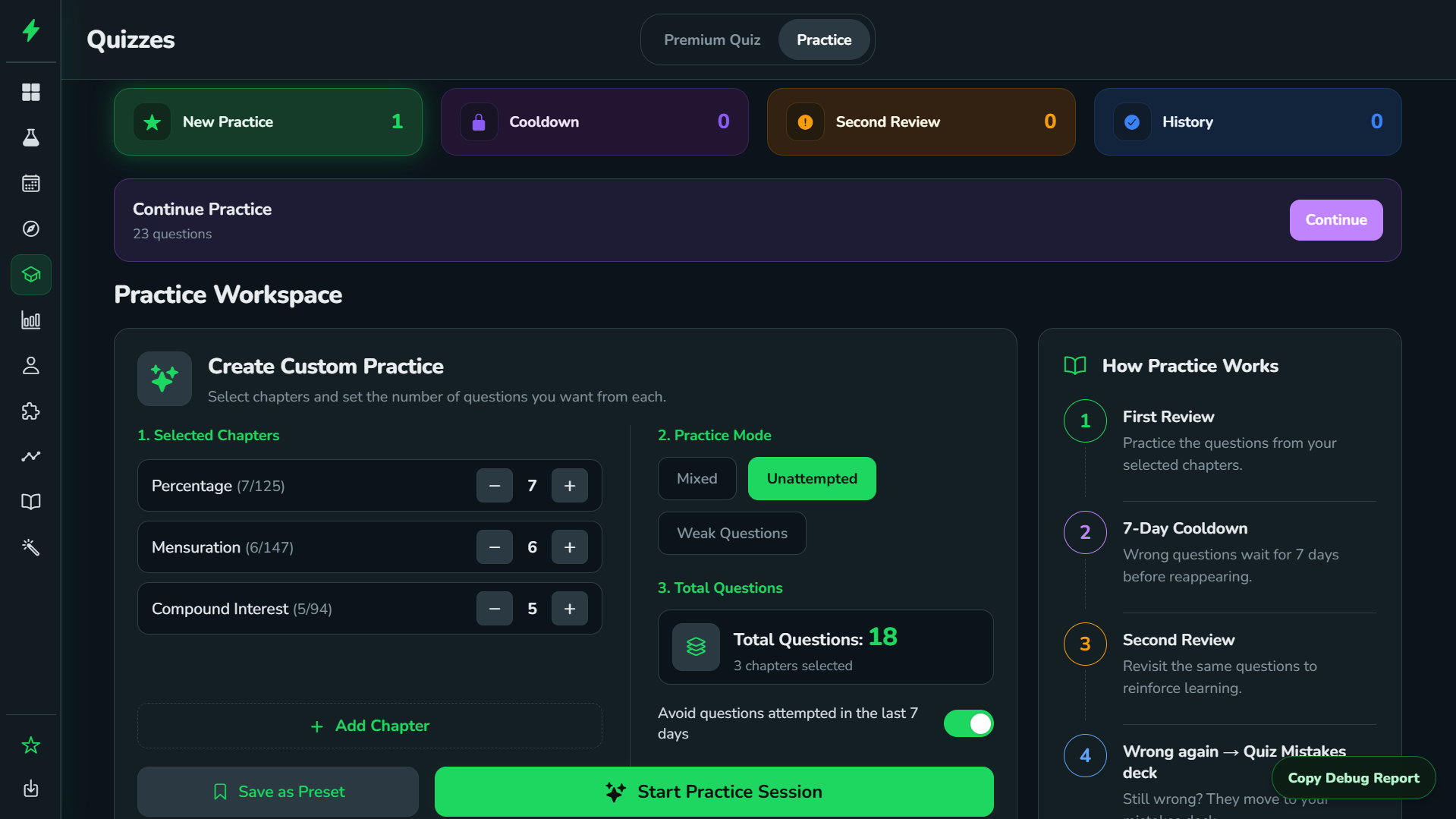 Rankri custom practice workspace with selected chapters, question counts and practice modes