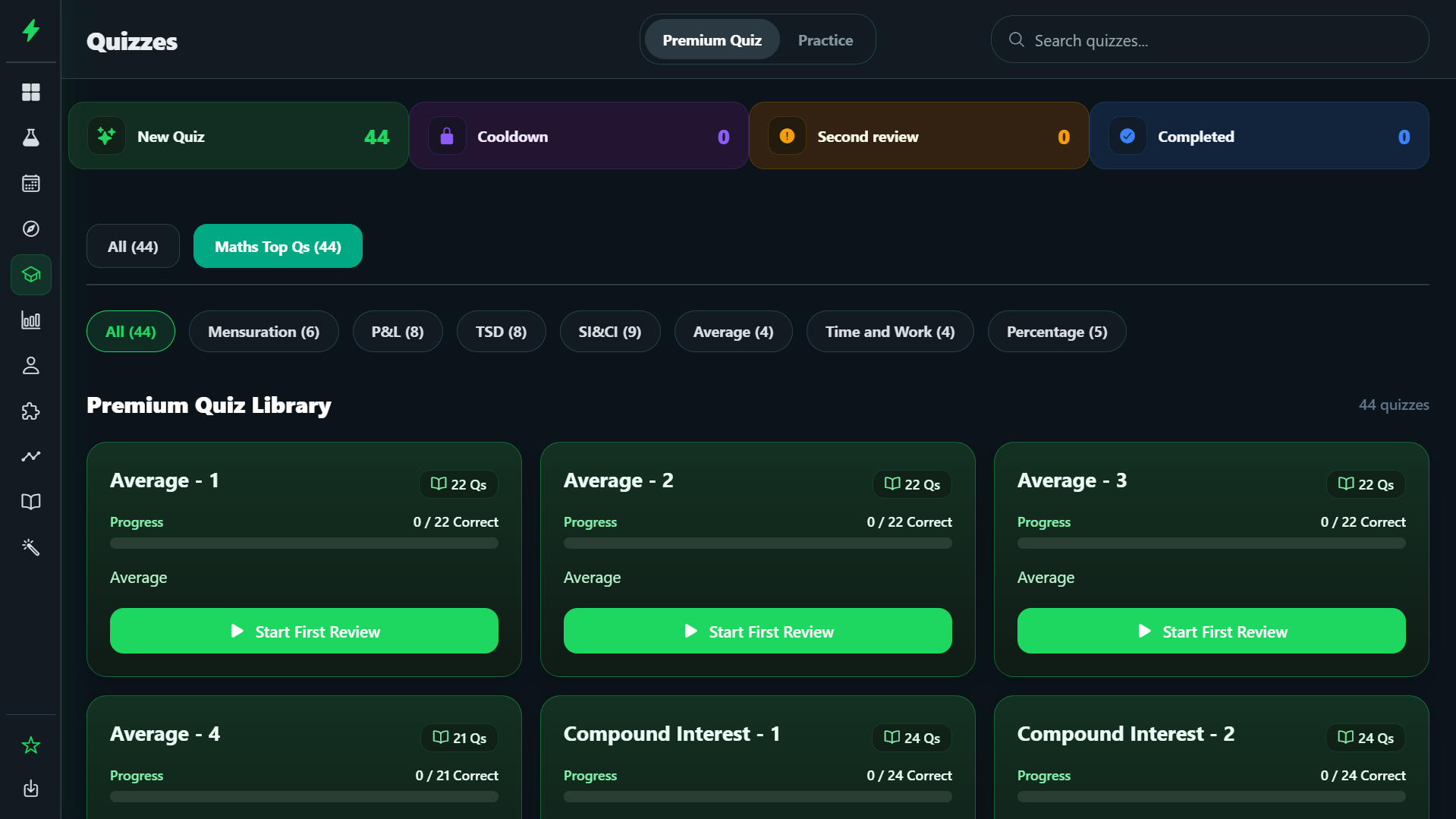 Rankri Premium Quiz Library with new, cooldown, second review and completed stages