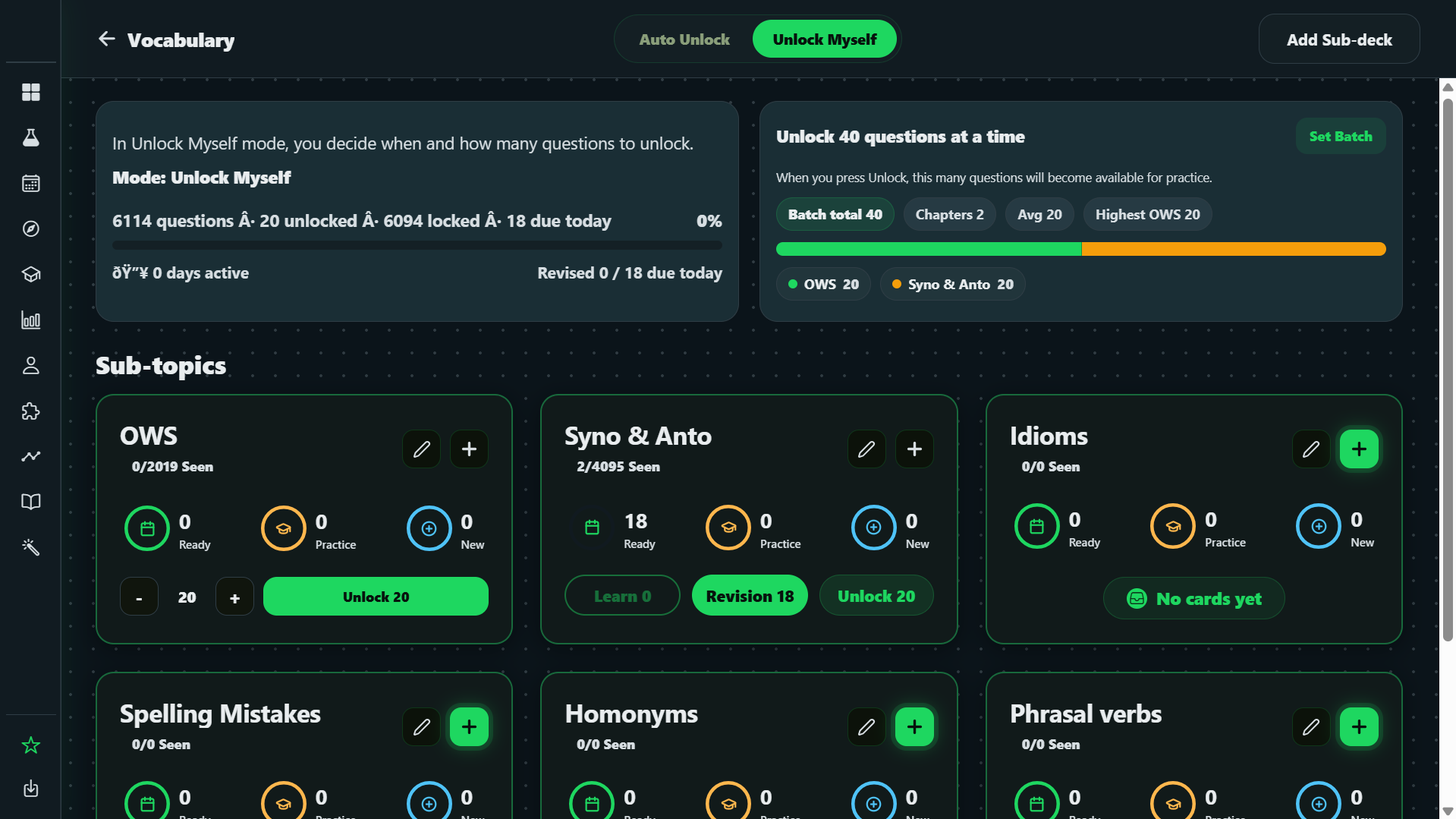 Rankri Topic Room showing Vocabulary sub-topics, unlocked questions, revision counts and unlock controls